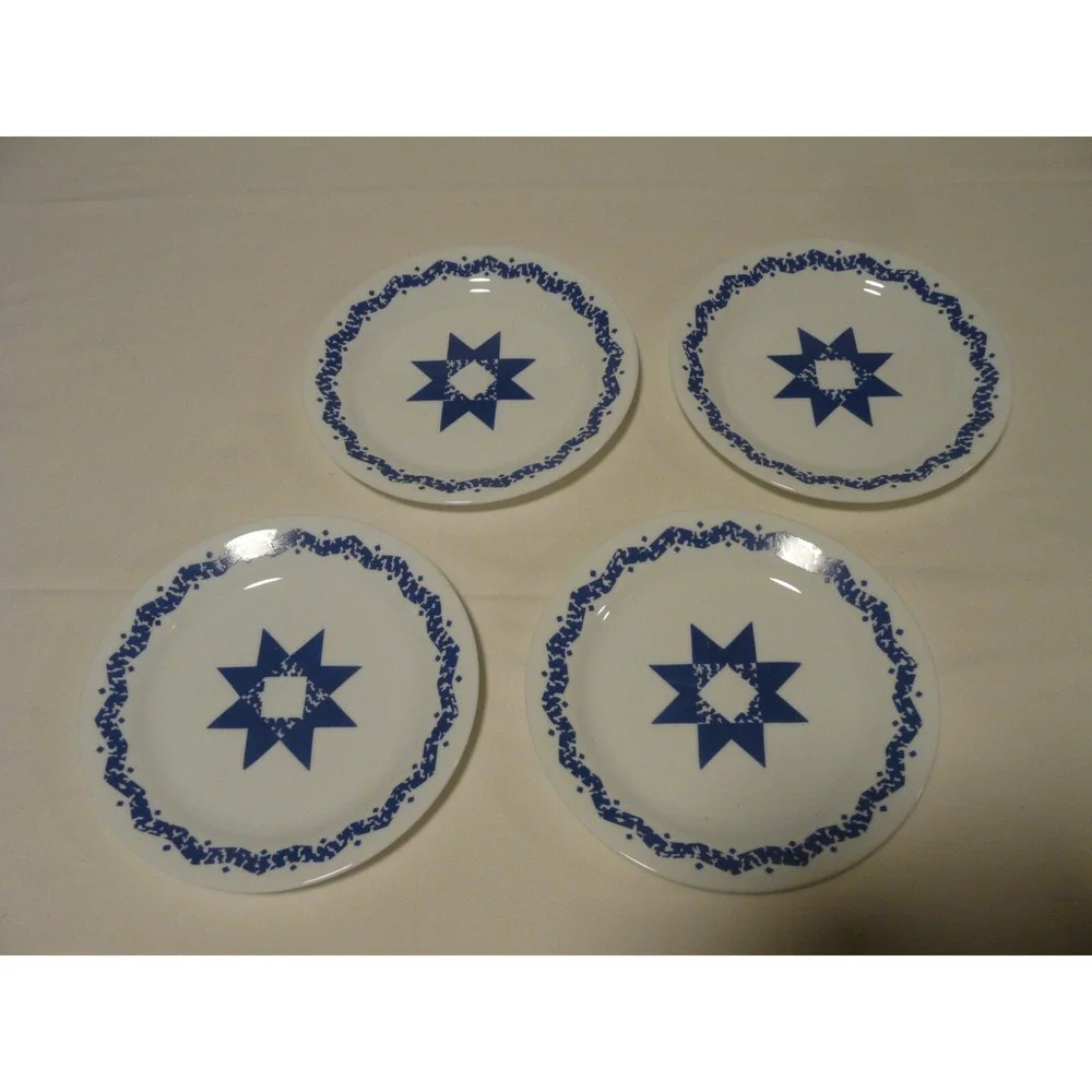 Set of 4 Corelle Corning Salad Plates Blue Star Pattern Retired USA‎ 7.25